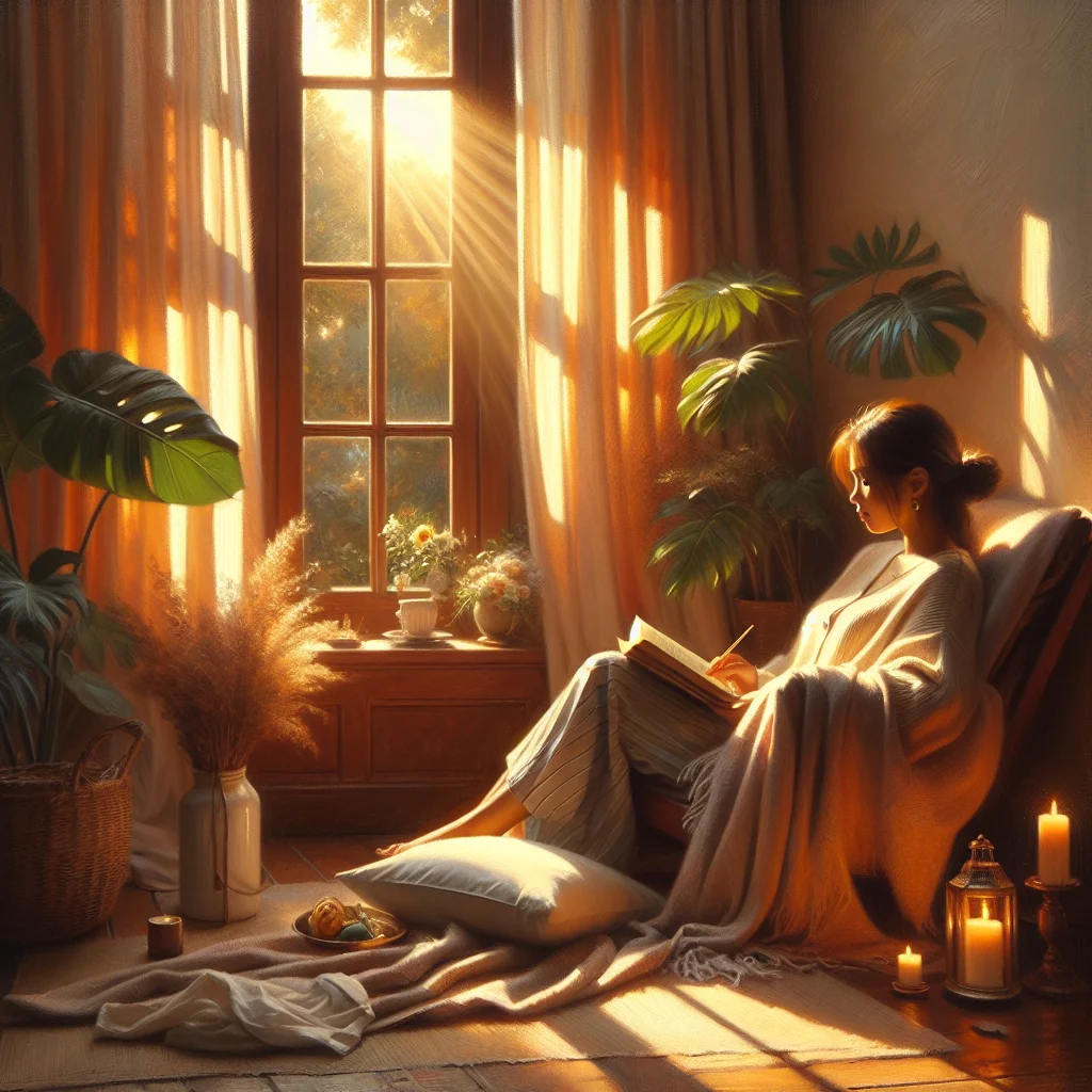 Woman peacefully reading a book in natural light embracing vibes slow living philosophy