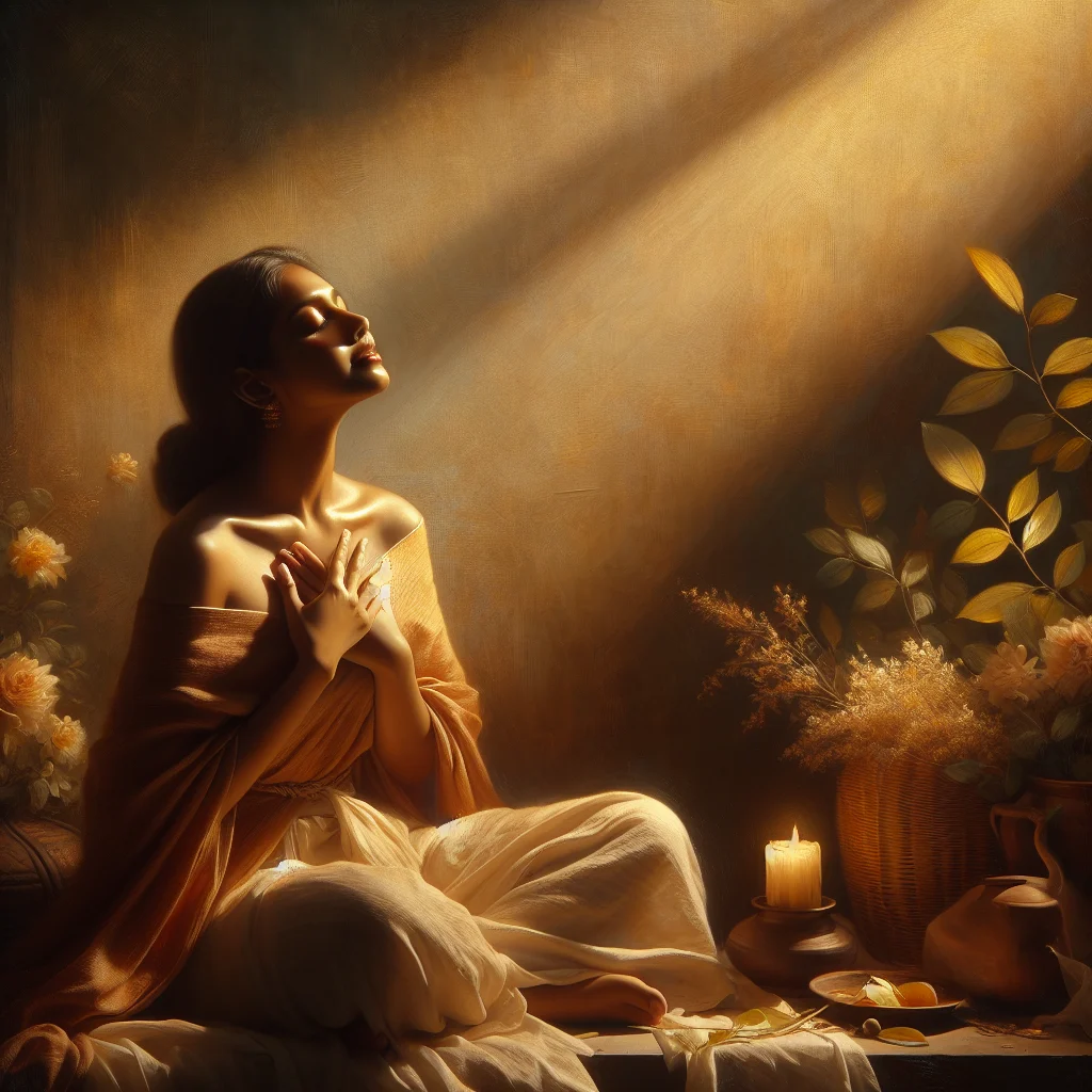 Woman sitting peacefully reflecting on her life emotional journey and inner feelings