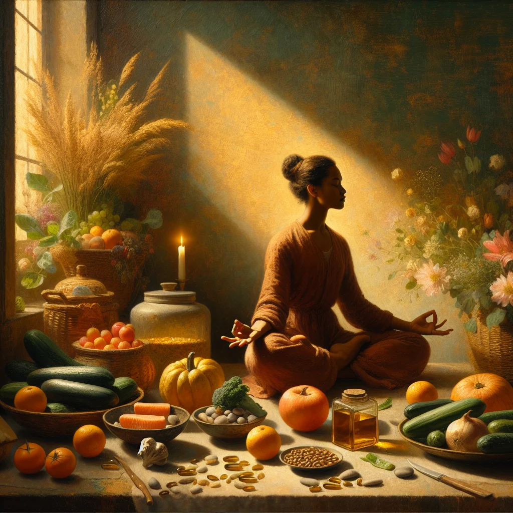 Woman taking omega-3 supplement with glass of water alongside healthy foods for emotional balance