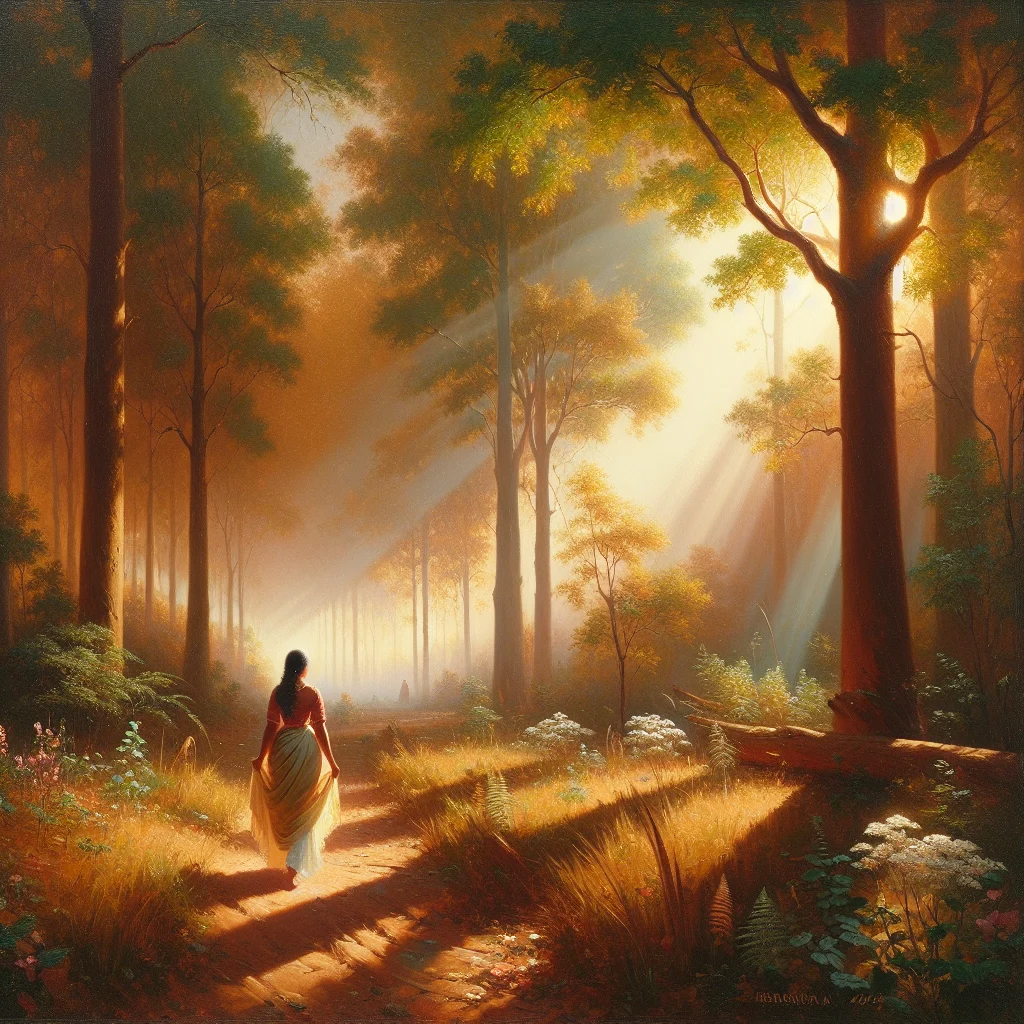 Woman practicing slow living fluir con la naturaleza while walking mindfully through a peaceful forest surrounded by trees