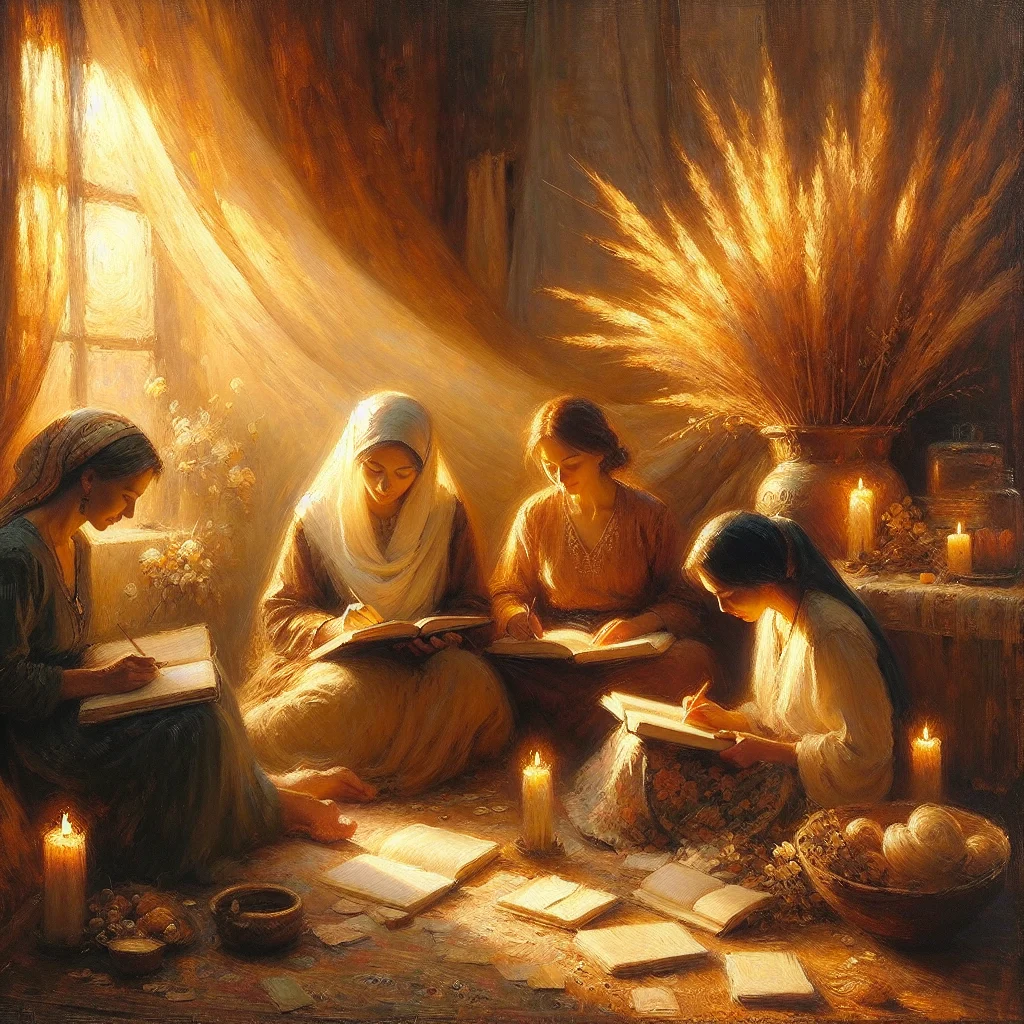 women-journaling-together-in-supportive-group Small group of women sitting comfortably together writing in journals during a self love group activity session