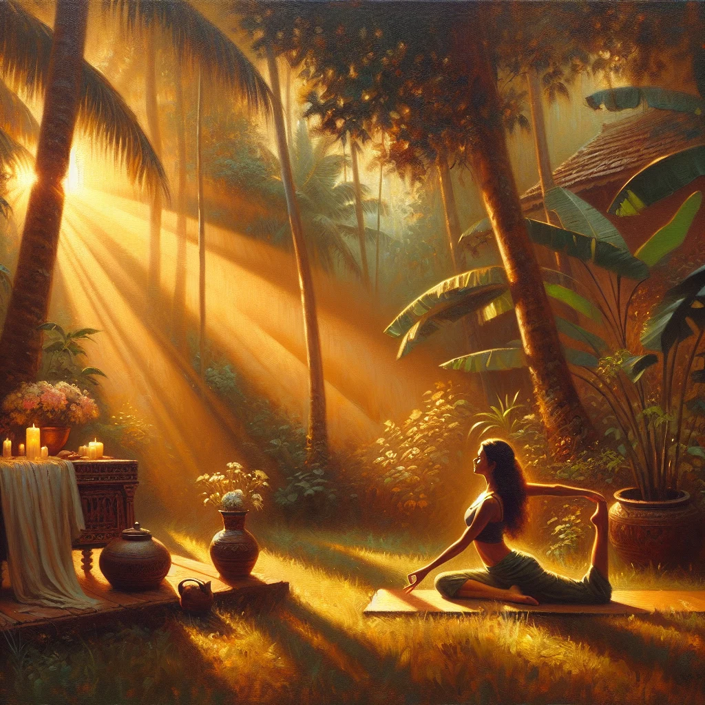 yoga-practice-in-goa-nature A person practicing yoga outdoors in Goa surrounded by tropical nature and morning light, embodying slow living principles