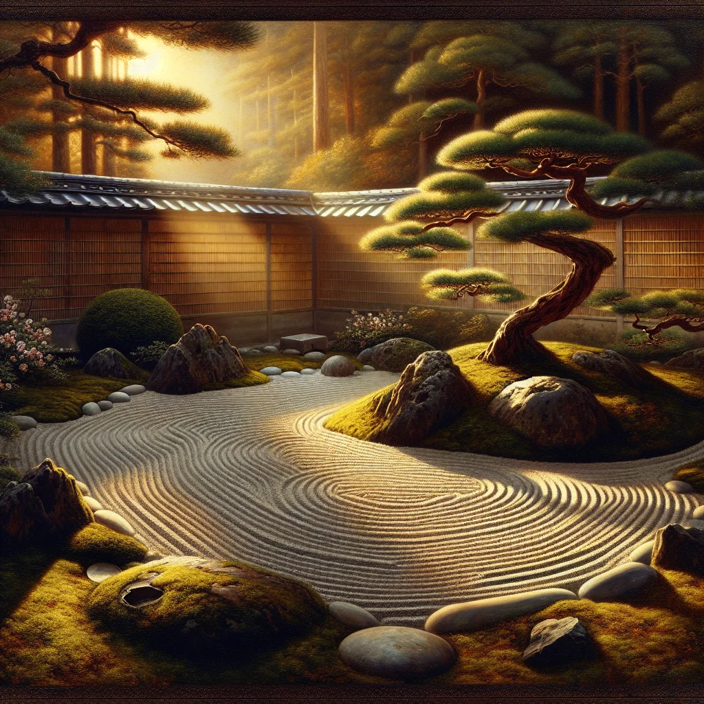 Peaceful zen garden with raked sand and carefully placed stones representing Japanese slow living philosophy