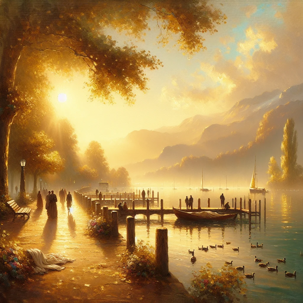 Peaceful morning scene at Lake Zurich with people practicing slow living by walking along the waterfront