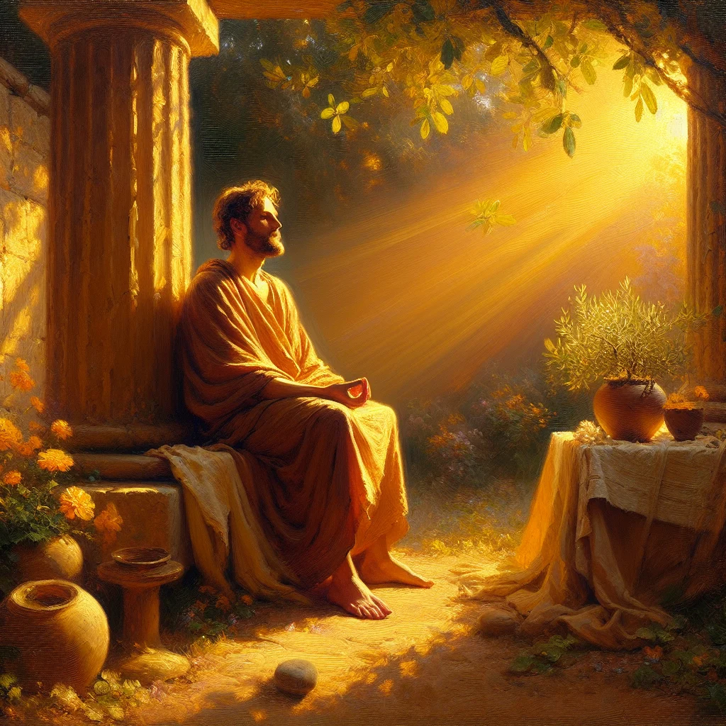 Ancient philosopher practicing stoic mindfulness in serene environment