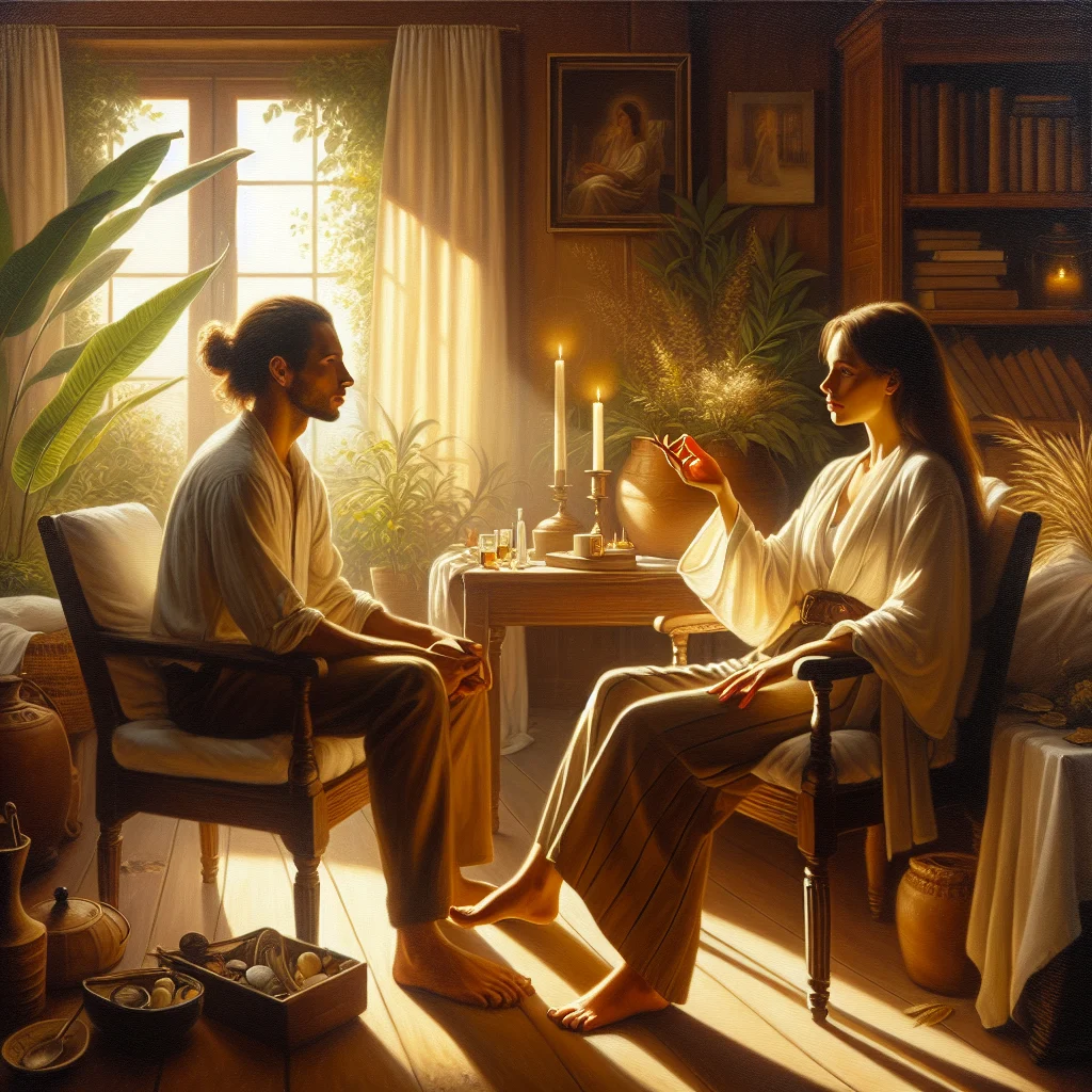 A compassionate emotional healing practitioner in Brisbane having a supportive consultation with a client in a warm, welcoming office space