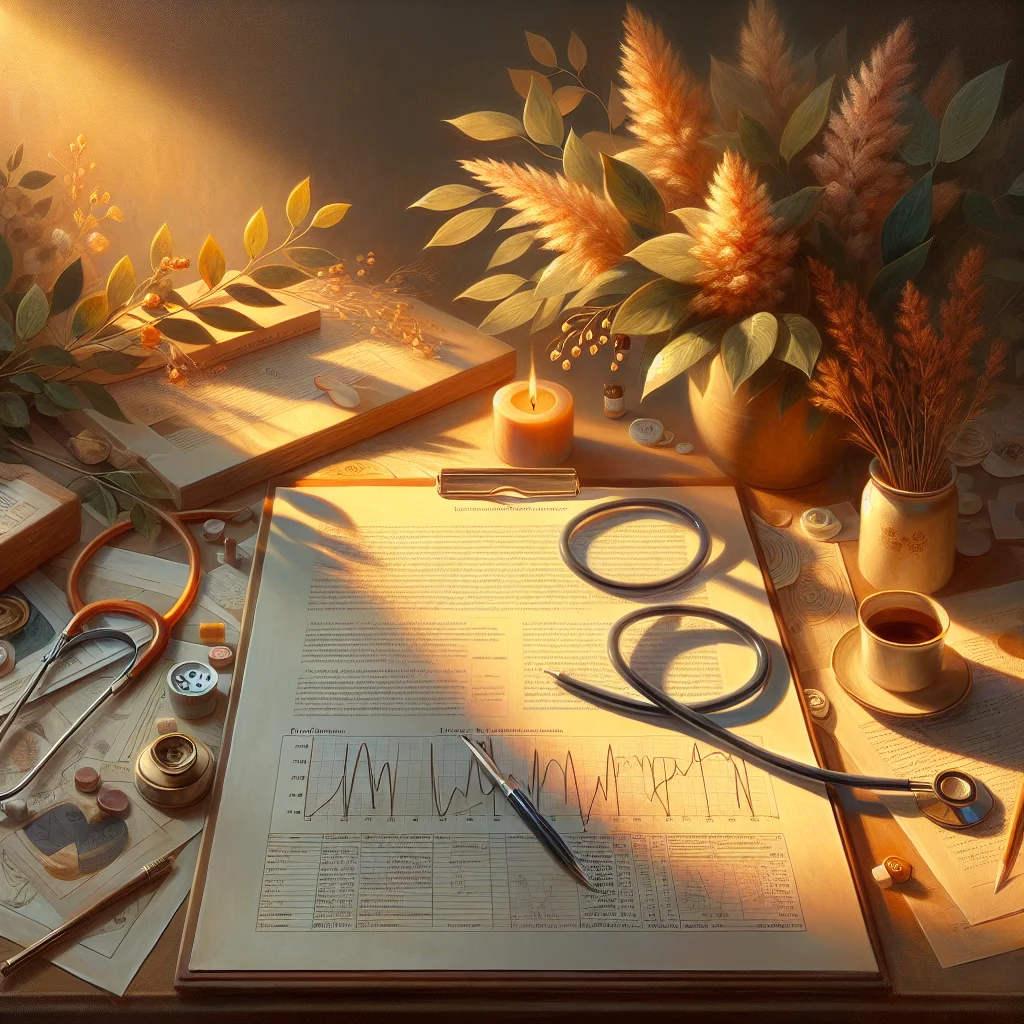 Scientific research documents and medical charts showing burnout symptoms analysis with highlighted data points