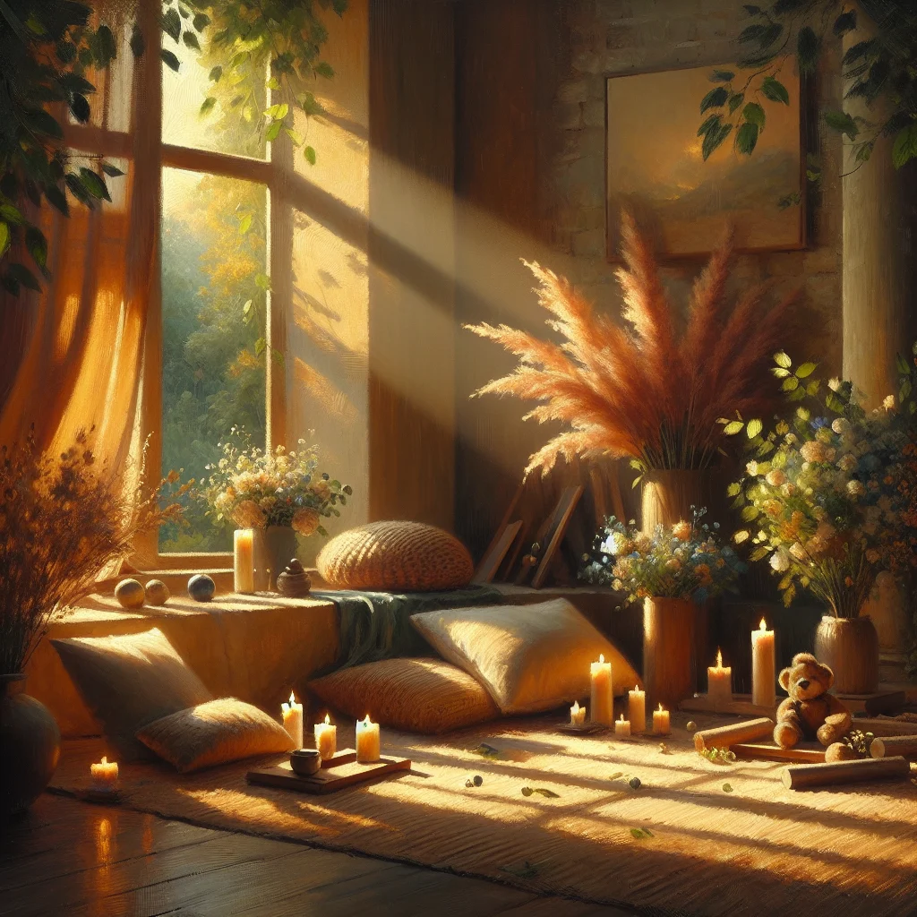 calm-meditation-space-with-cushions-and-candles Serene meditation space featuring comfortable cushions and soft candlelight creating an atmosphere conducive to inner peace and meditation