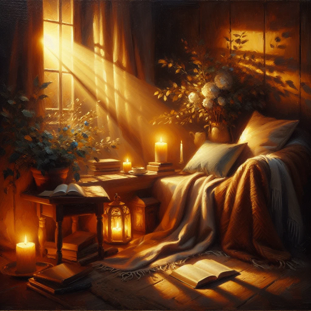 Comfortable evening reading nook in a slow living home with soft lighting, candles, and natural textiles
