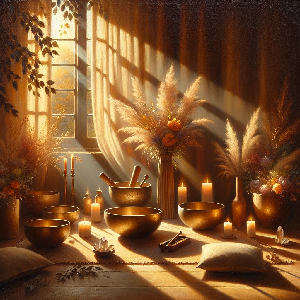 Crystal singing bowls arranged in a circle for sound meditation session