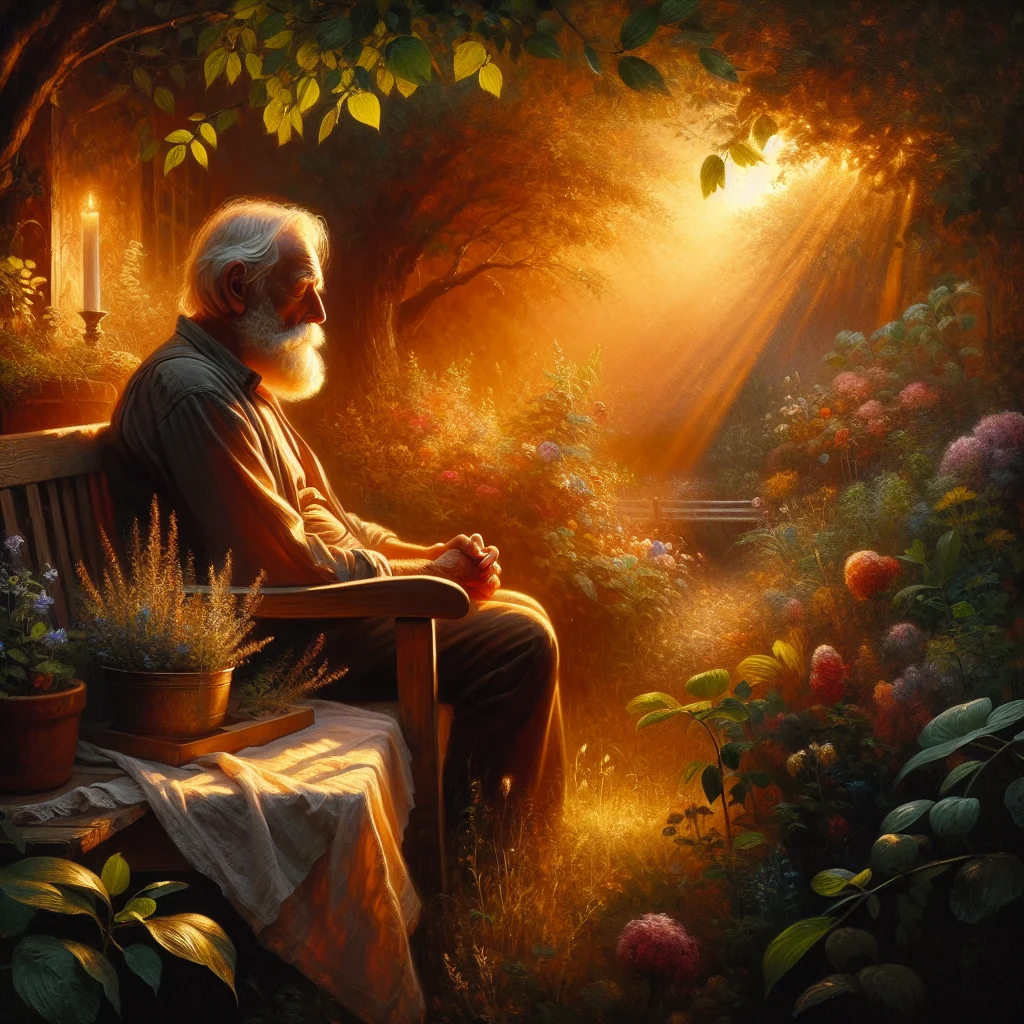 Elderly person sitting outdoors in a peaceful garden setting during mindfulness meditation practice for seniors