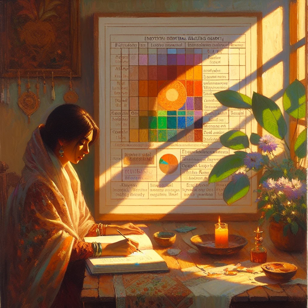 Person using an emotional healing chart with colorful markers to track their wellness journey and emotional patterns over time