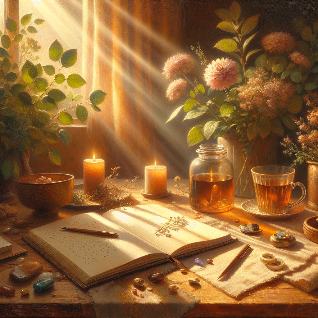 Peaceful scene representing emotional healing journey with journal, tea, and soft natural light