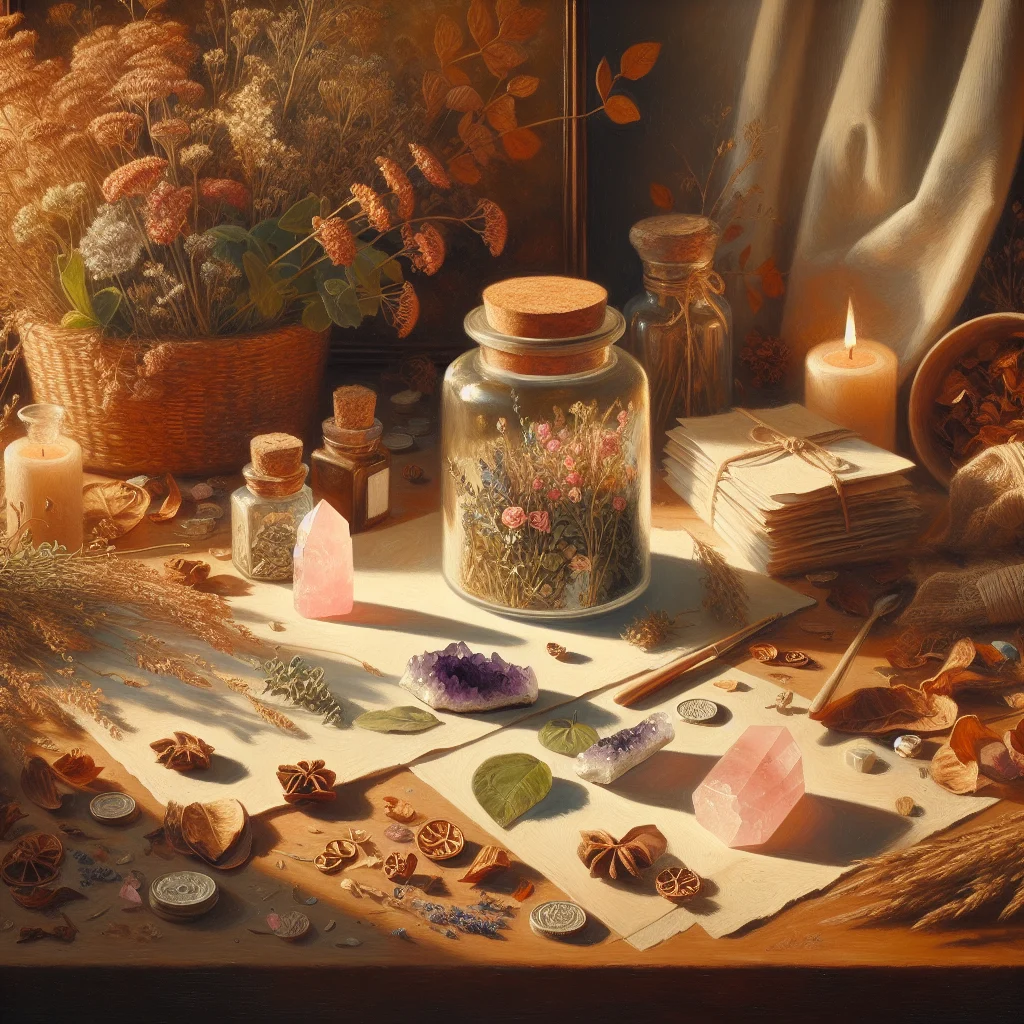 Collection of natural ingredients including herbs, crystals, and small glass jar arranged on wooden surface for creating emotional healing spell jar