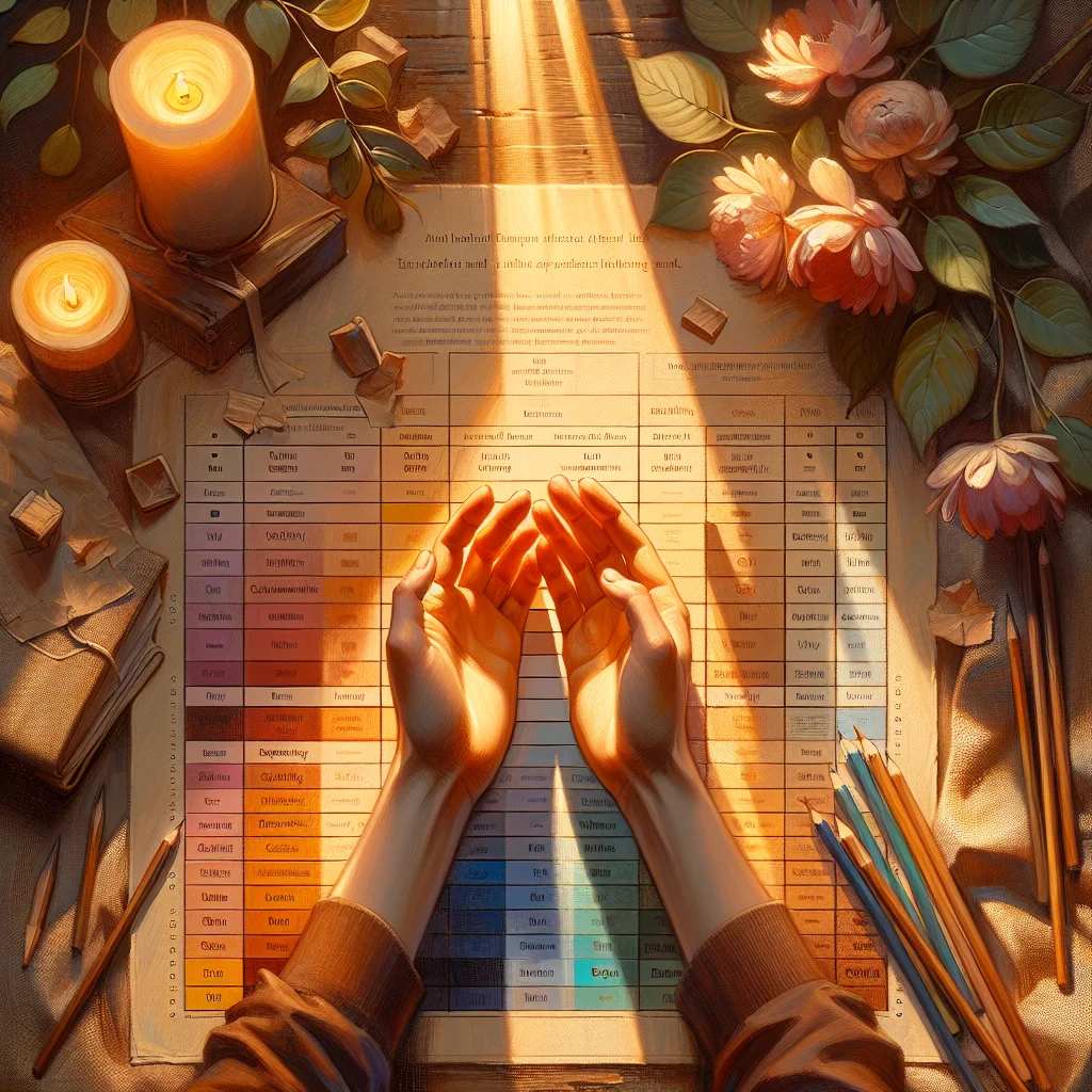 Close-up of hands analyzing an emotional healing chart showing weekly patterns with highlighted sections indicating emotional triggers and healing progress