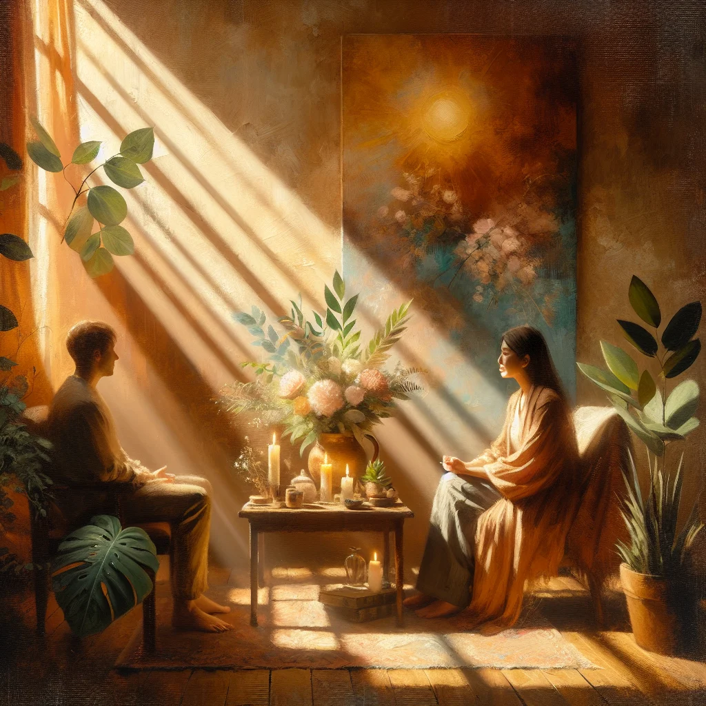 An emotional trauma coach sitting with a client in a comfortable, safe healing environment during a coaching session