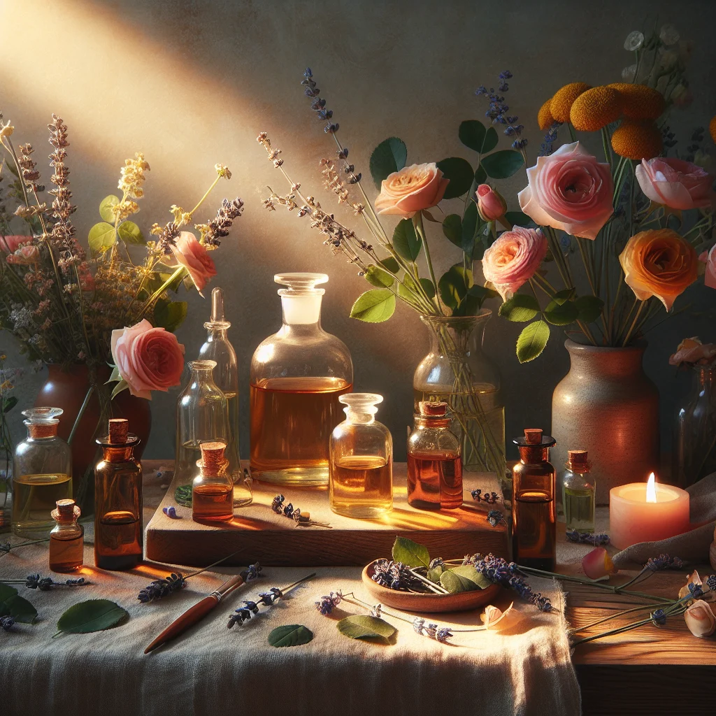 Collection of emotional release essential oils bottles arranged with fresh lavender, rose, and chamomile flowers