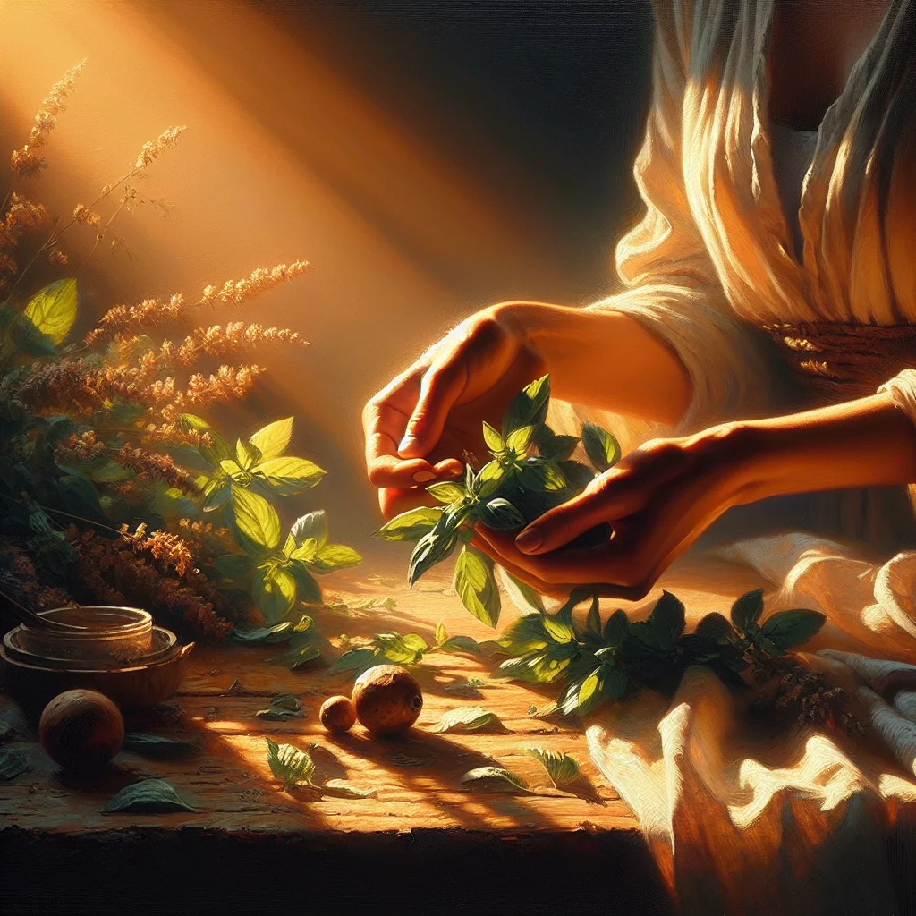 Close-up of hands gently harvesting fresh herbs from a garden, embodying slow living nature principles