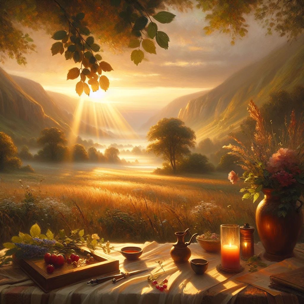 hemanaire-valley-landscape-morning Peaceful valley landscape at sunrise embodying the Hemanaire slow living philosophy with rolling hills and morning mist