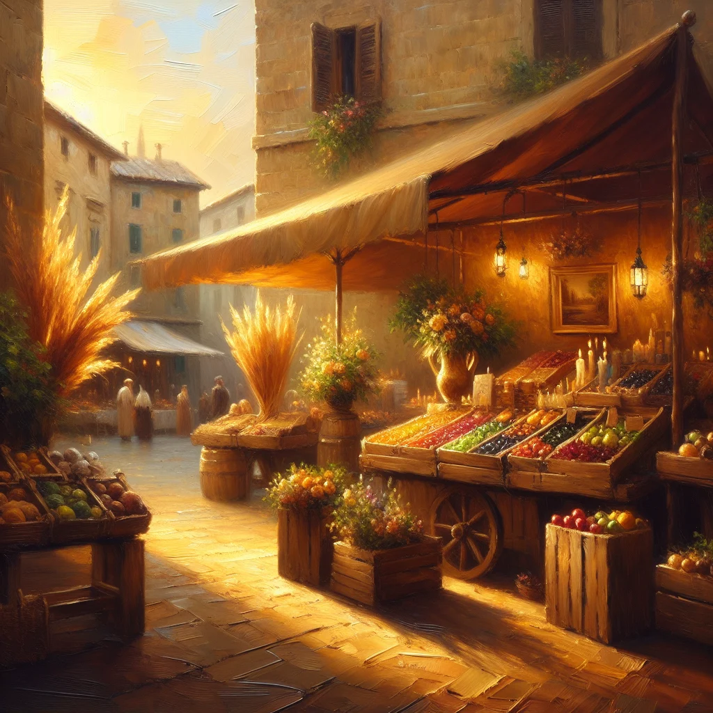 Vibrant Italian outdoor market with fresh vegetables, fruits, and local vendors in a traditional town square