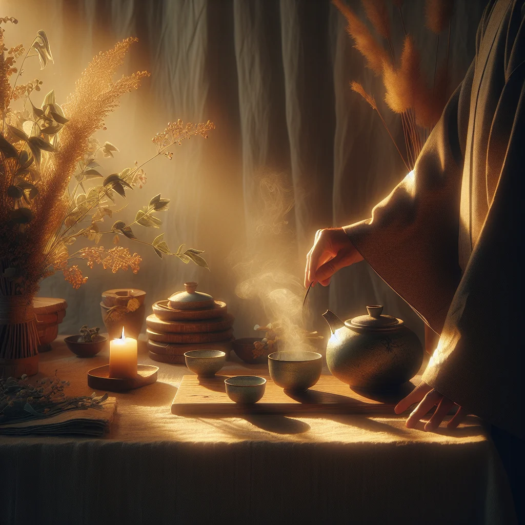 A serene Japanese movie scene depicting slow living with natural lighting and minimalist composition