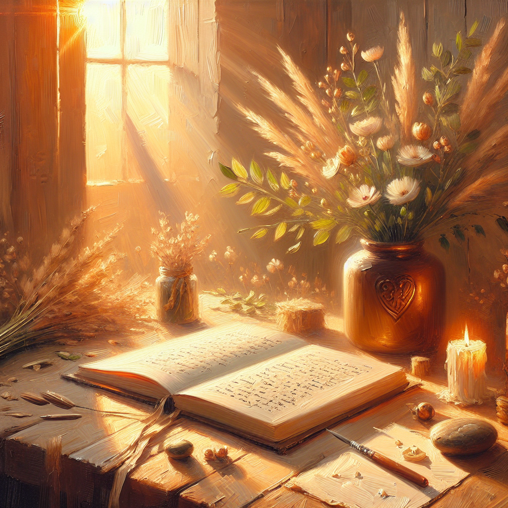 Open journal displaying handwritten mindful phrases with a peaceful setting, illustrating personal mindfulness practice