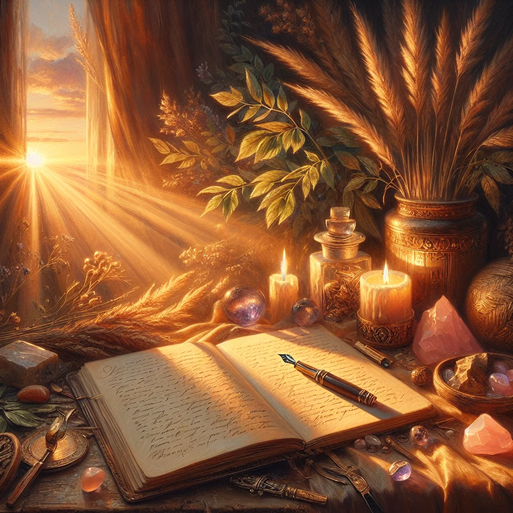 Open journal with pen beside healing crystals representing daily practices for healing feelings