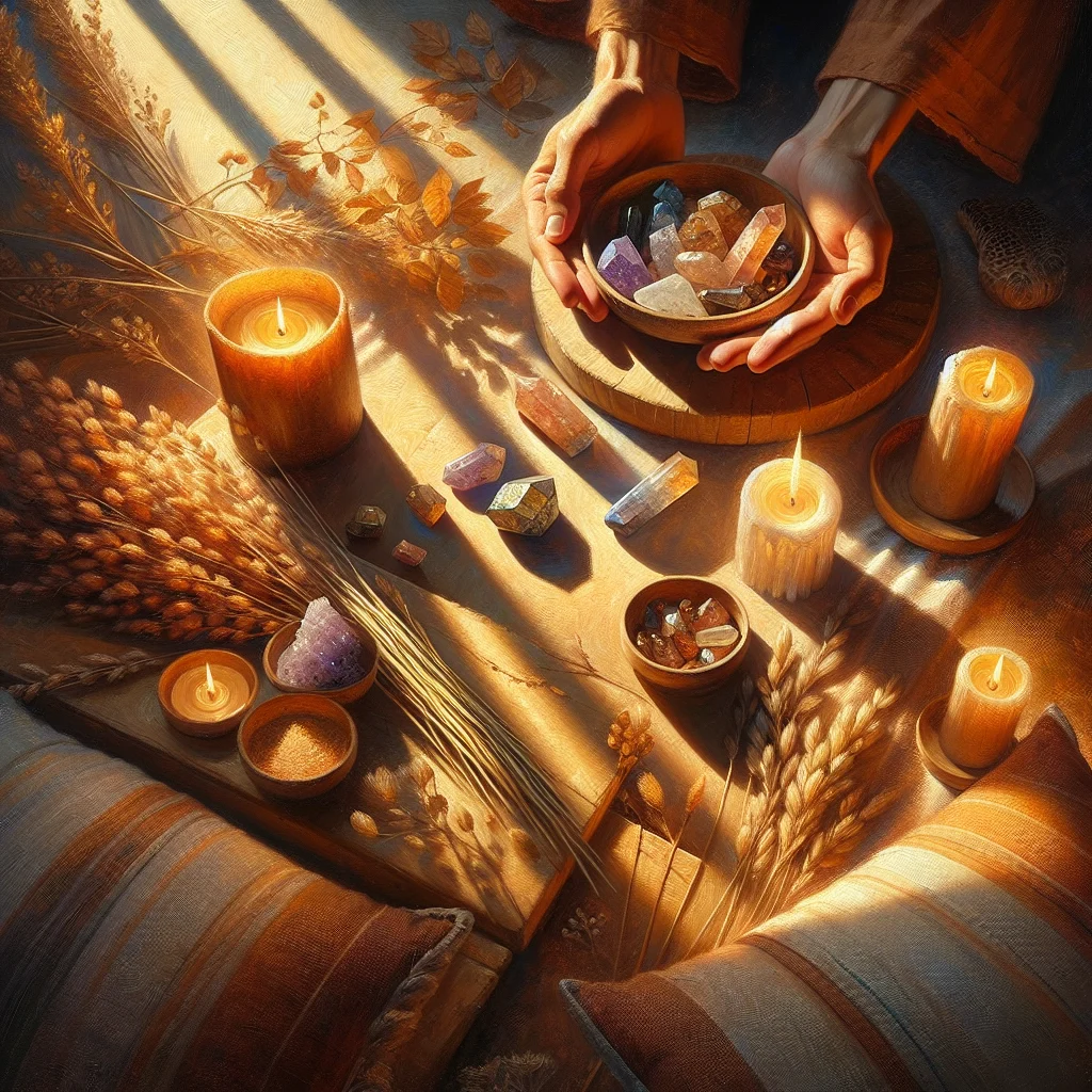 Person meditating with lepidolite stones arranged in a peaceful healing space with candles