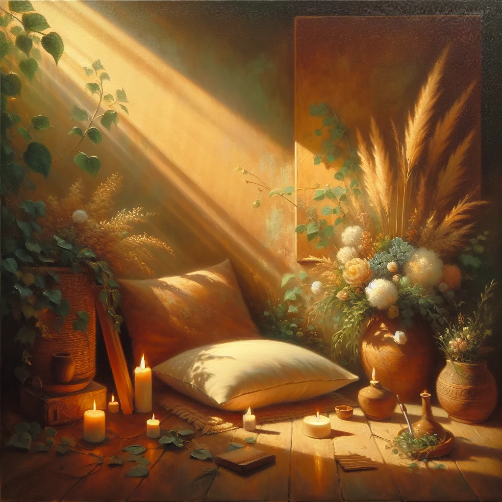 meditation-cushion-with-candles-and-plants Calming meditation space with cushion, candles, and plants used for anxiety-reducing meditation practice