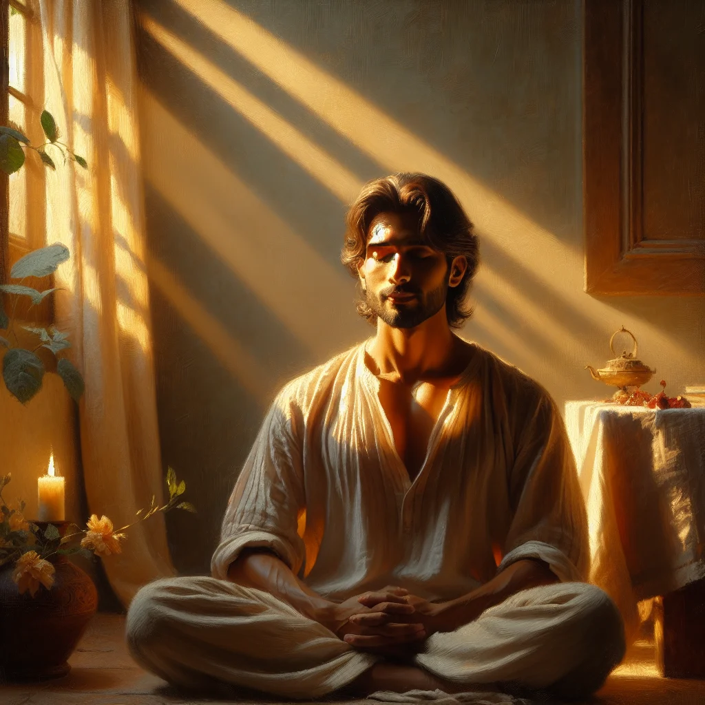 Person sitting in meditation posture demonstrating focused meditation mind practice with calm expression