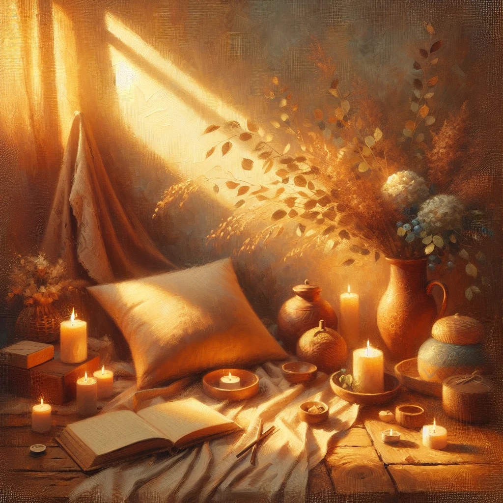 meditation-practice-peaceful-space Serene meditation space with cushion and candles representing meditation blogs for beginners content