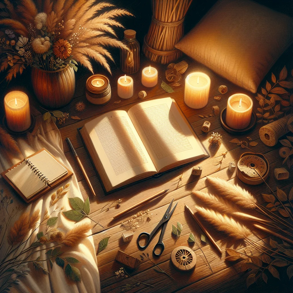 meditation-reading-setup-candle-journal Meditation reading setup with open book, journal, and candle in tranquil space