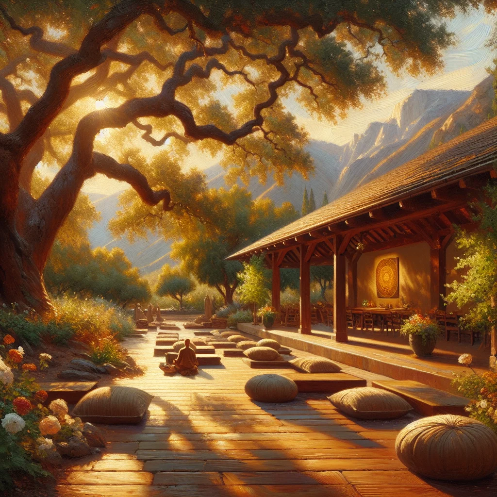 Serene meditation retreat center nestled in California's natural landscape with mountains and peaceful surroundings