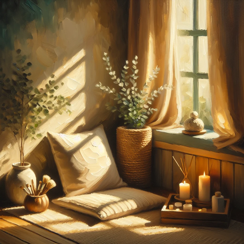 Peaceful meditation space designed for practicing calmness with cushions and natural lighting