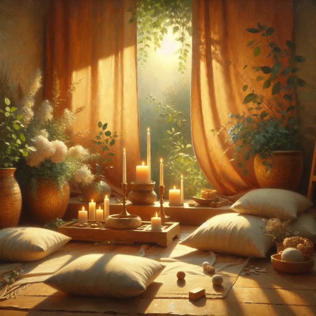 meditation-space-with-candles-cushions Peaceful indoor meditation space arranged with cushions, candles, and natural elements for a meditation day practice
