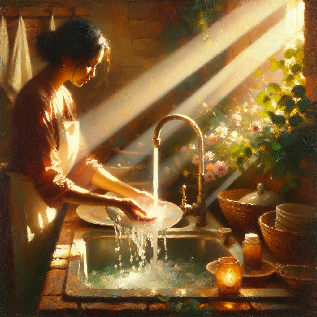 Close-up of hands mindfully washing dishes with full attention and awareness of the present moment