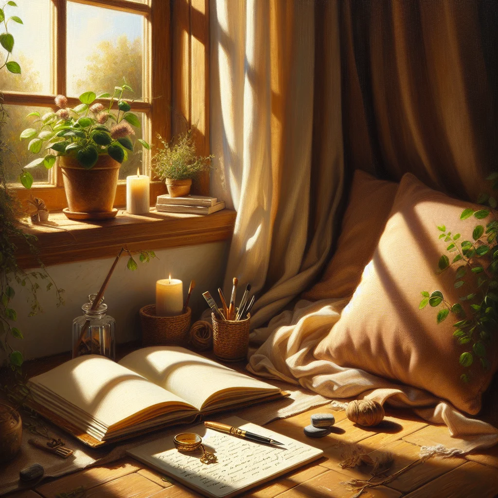 mindfulness-journal-and-meditation-space Peaceful meditation corner with mindfulness journal, cushion, and plants creating a dedicated space for practicing mindfulness days