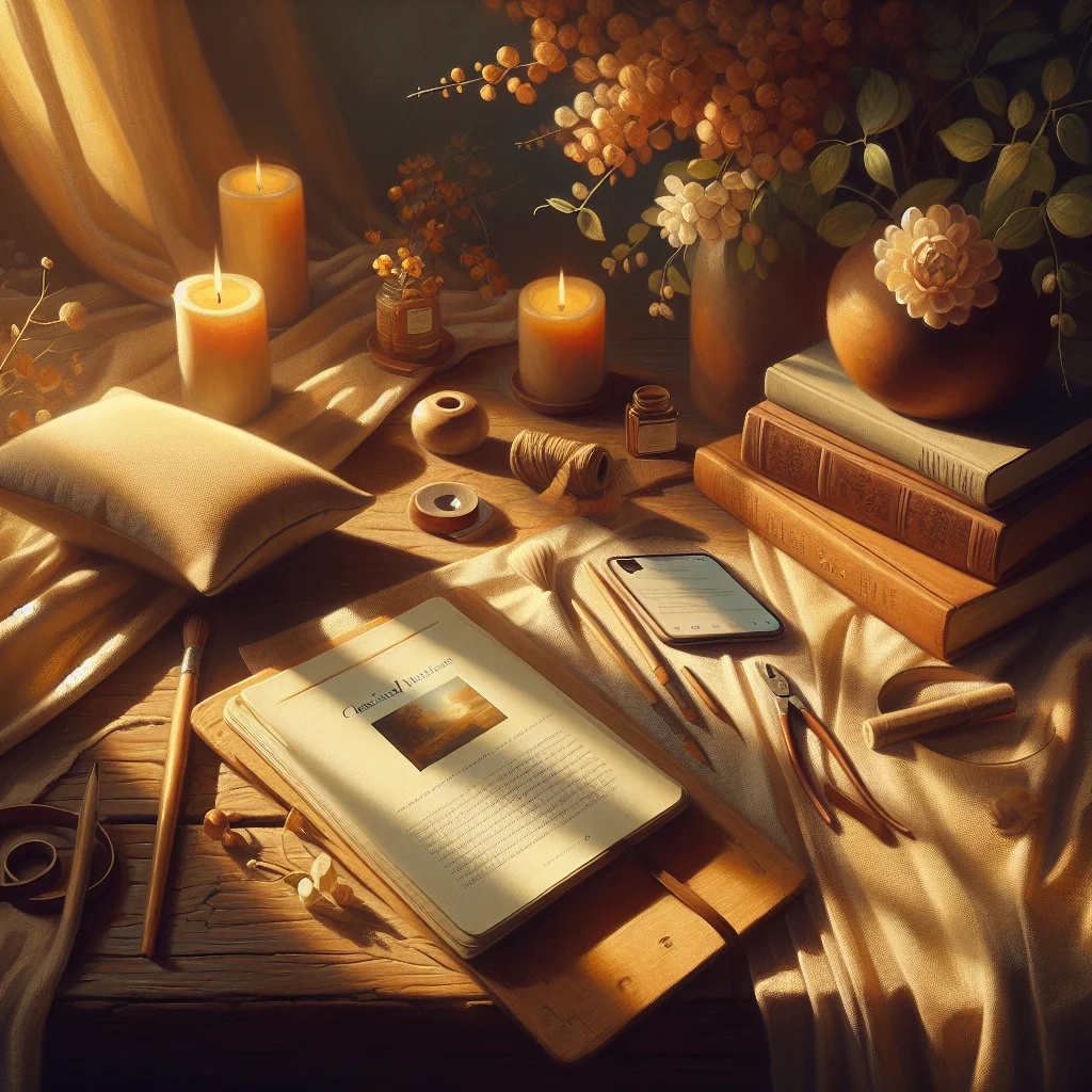 Mindfulness newsletter elements including journal, meditation cushion, and digital device displaying newsletter