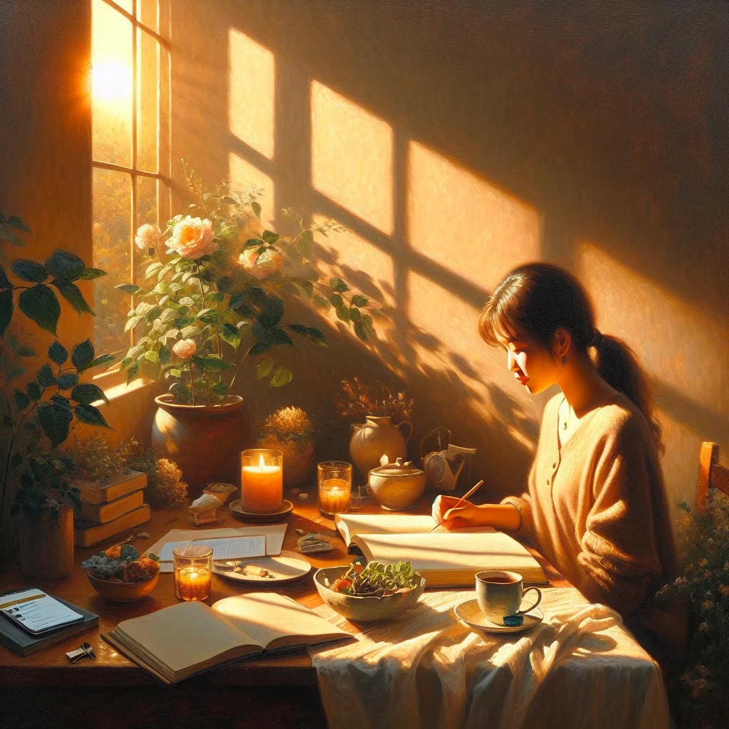 Person reading a mindfulness newsletter during peaceful morning routine with tea and journal