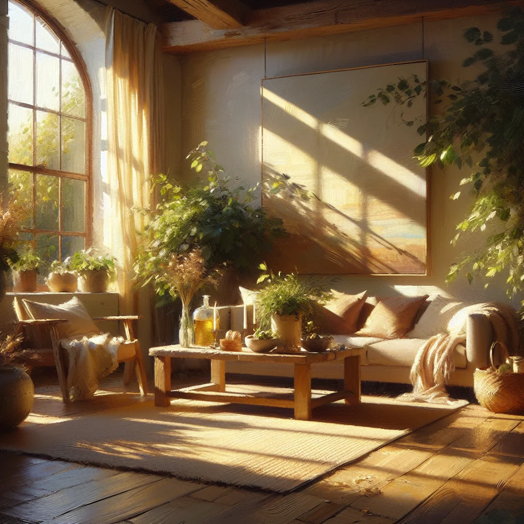 Minimalist slow living home interior with natural light, plants, and simple furniture creating a peaceful atmosphere