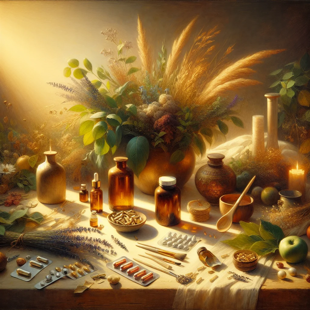 Various natural supplements and herbs for anxiety relief arranged on a wooden table including chamomile tea, lavender, and vitamin bottles