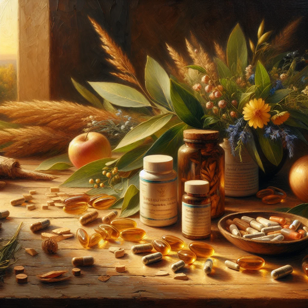 Natural supplements and herbal remedies for emotional balance displayed with calming botanical elements