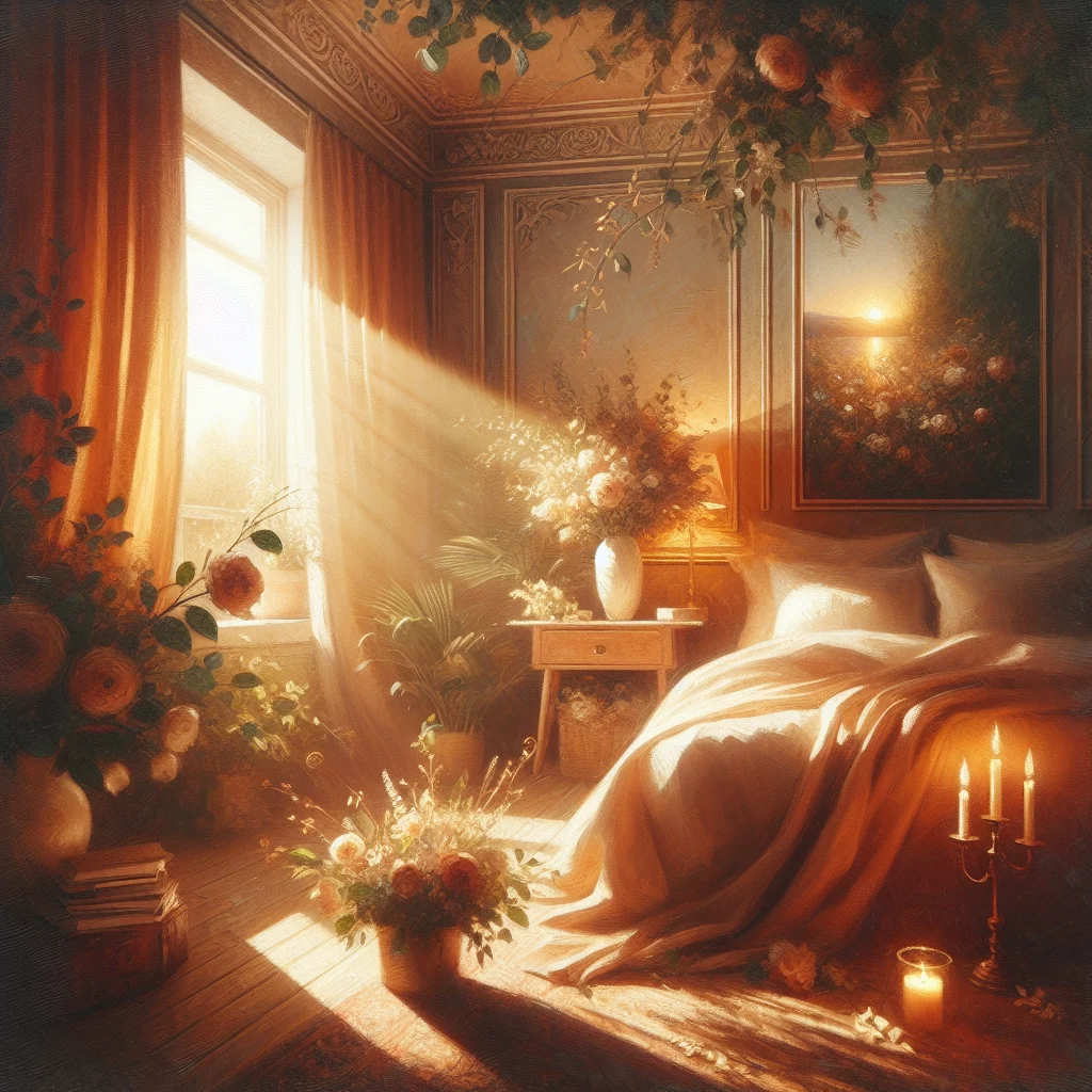 Serene bedroom setup with dim lighting and comfortable bedding creating ideal atmosphere for meditation in sleep