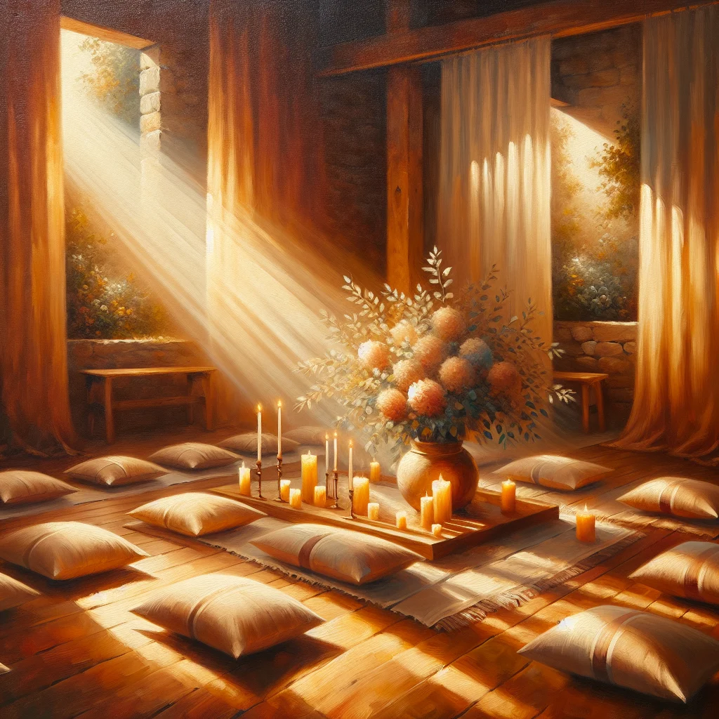 Peaceful meditation hall at a California retreat center with cushions arranged for group practice