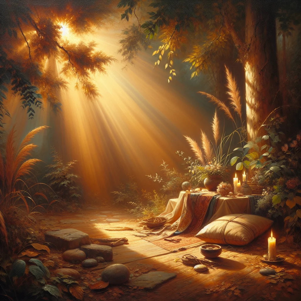 peaceful-meditation-setting-nature Serene outdoor meditation space with natural elements supporting guided meditation practice