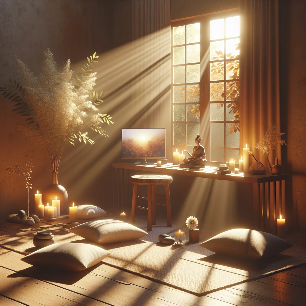 Tranquil home meditation space showing computer displaying www mindfulness meditation resources with calming decor