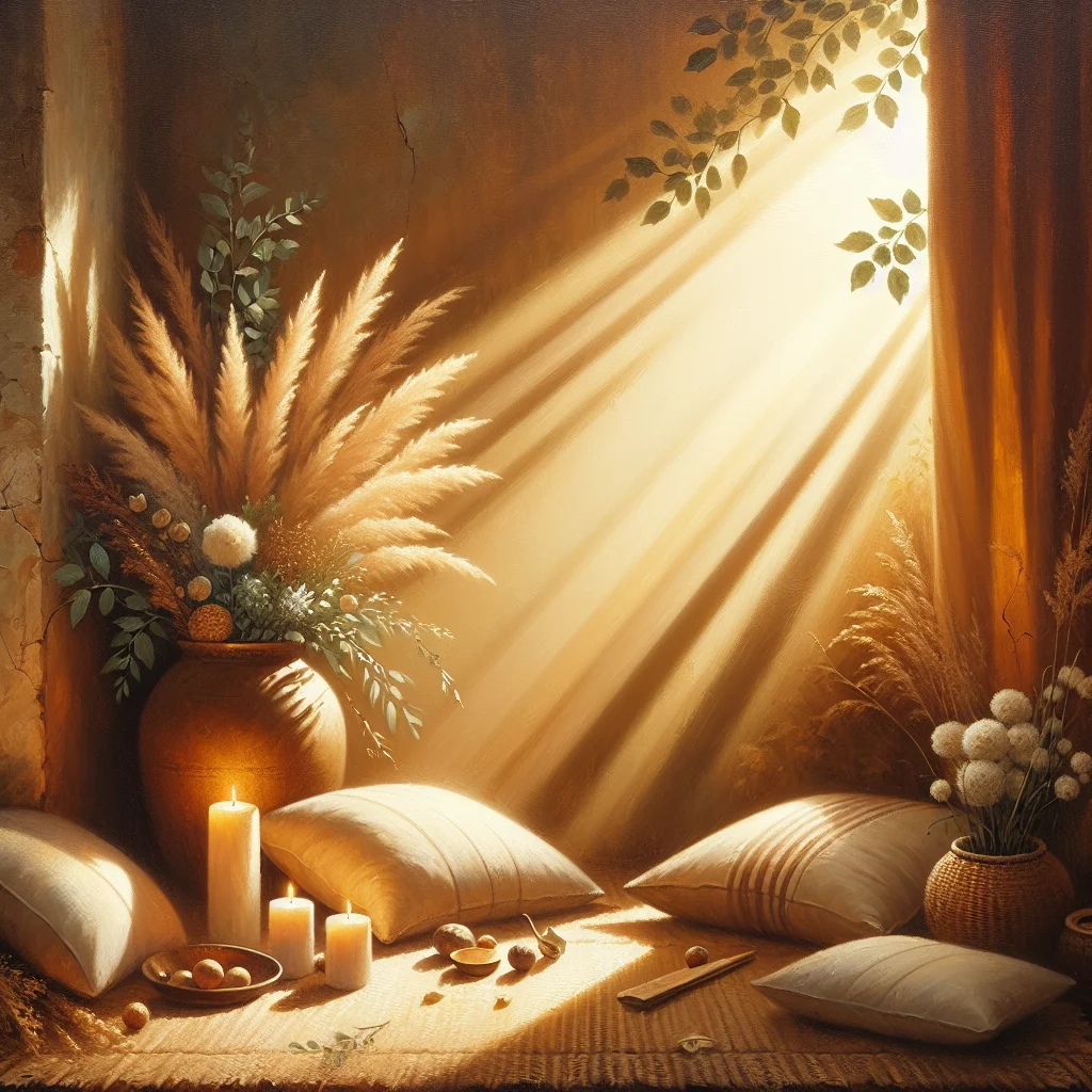 Serene meditation space featuring cushions and soft lighting for positivity guided meditation practice