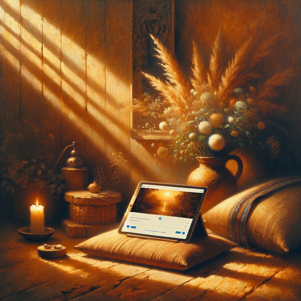 Peaceful home meditation corner with tablet displaying daily meditation YouTube channel, cushion, and soft lighting