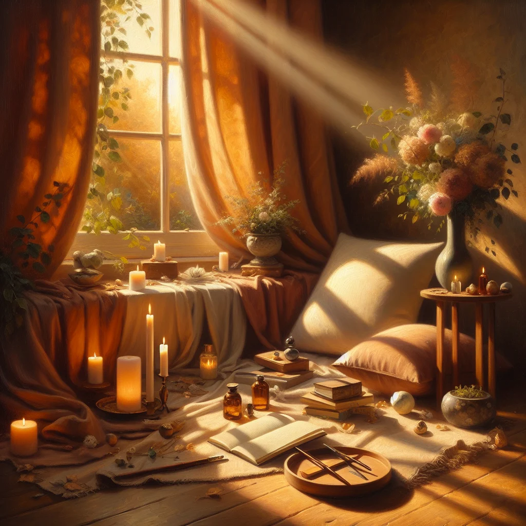 Serene meditation space with cushions, candles, and self-care items arranged for self-love practice