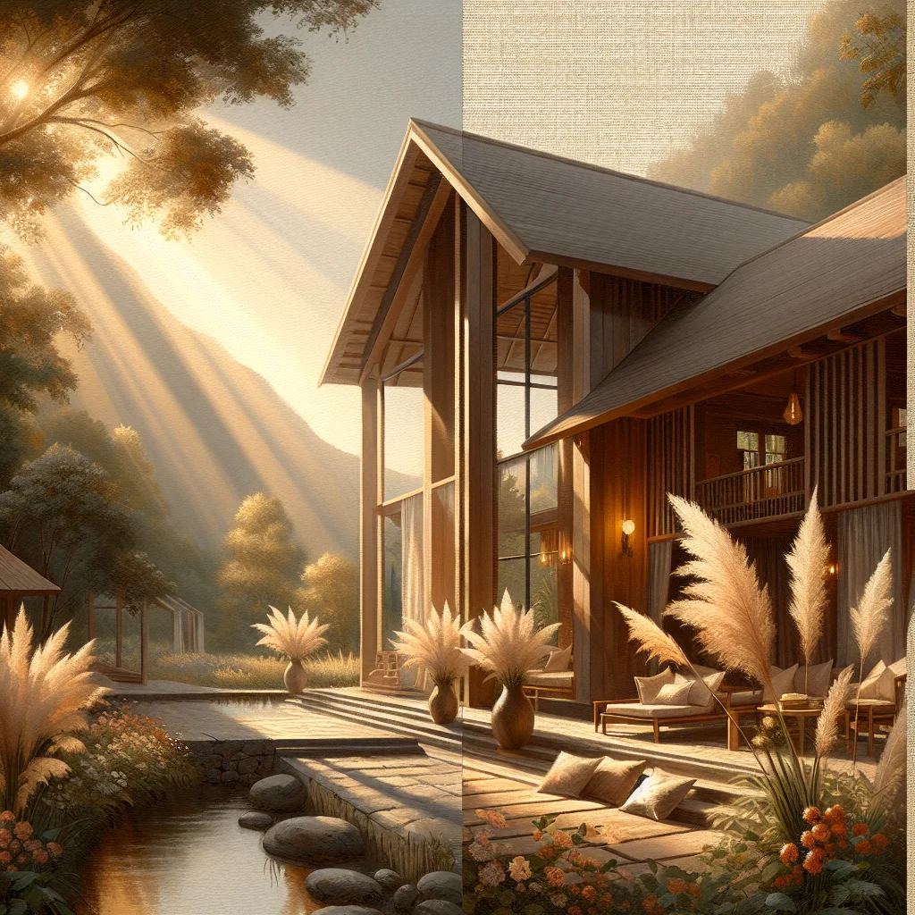 Tranquil slow living resort nestled in natural surroundings with minimalist architecture and lush greenery